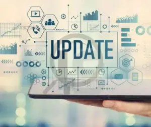Tela digital exibindo a palavra "UPDATE", representando aprendizado contínuo e inovação.