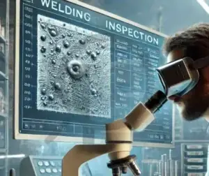 Pessoa observa microscópio ao lado de tela com o texto Welding Inspection e imagem de micrografia.