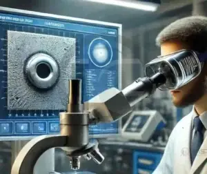 Pessoa de jaleco observa amostra pelo microscópio, com imagem de micrografia na tela ao lado.