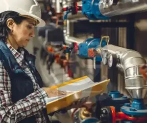 Profissional inspecionando equipamentos industriais e preenchendo relatórios técnicos.