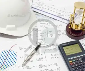 materiais alternativos de engenharia, como capacete, cálculos estruturais e instrumentos de medição.