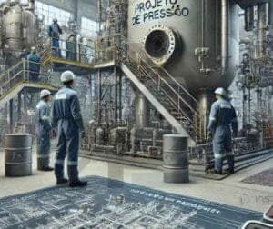 Engenheiros inspecionando vaso de pressão em ambiente industrial.