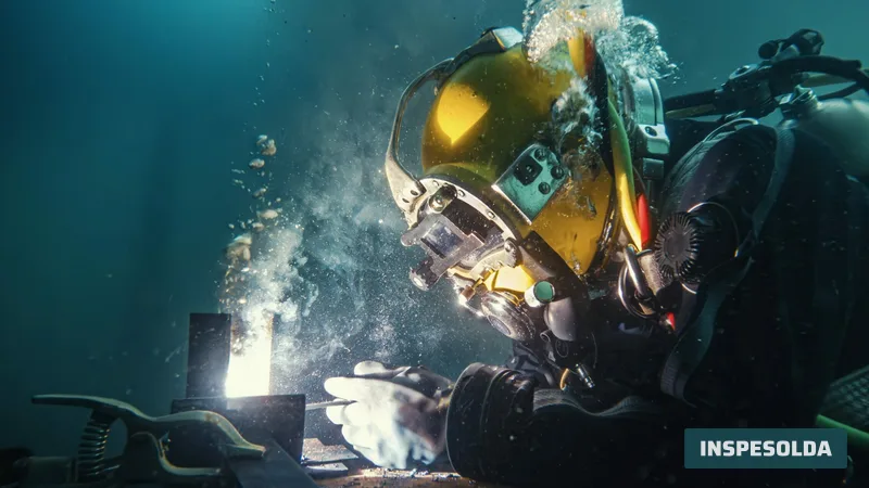 Soldador-mergulhador com capacete de mergulho soldando a estrutura tubular de uma plataforma submersa, com bolhas subindo do arco.