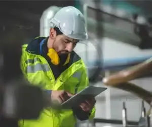 Pessoa acompanhando a execução de soldagem em uma instalação industrial.