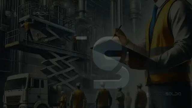 Inspetor com prancheta em primeiro plano, com planta industrial e equipe em segundo plano