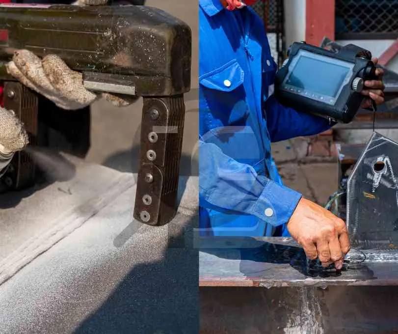 Técnico realizando inspeção em peça metálica para controle de qualidade.