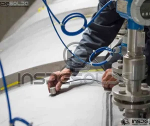 Profissional instala sensor para serviço de emissão acústica.