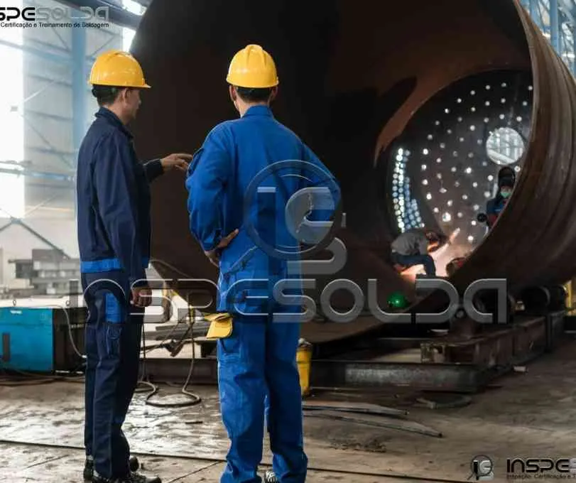 Técnicos realizam ensaio visual de solda em equipamento industrial.