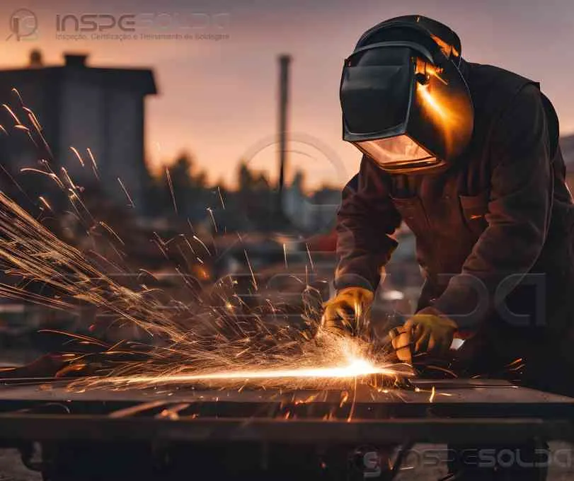 Soldador atuando ao entardecer em ambiente industrial de grande porte.