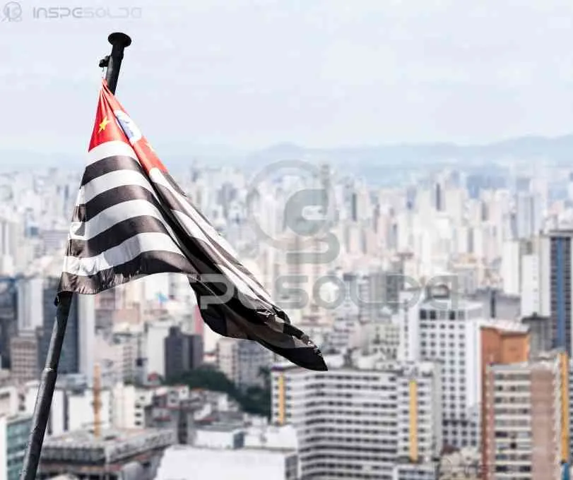 Vista da cidade de São Paulo com bandeira do estado em destaque.