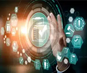 Conceito digital representando segurança e conformidade técnica na indústria.