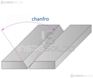 Ilustração técnica de um chanfro aplicado a uma junta metálica para soldagem.