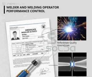 Imagem ilustrativa de documentos de qualificação, soldador operando e certificado técnico relacionados ao controle de desempenho em soldagem.