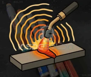 Ilustração representando o processo de pós-aquecimento em soldagem, com linhas térmicas simulando a dissipação de calor em uma junta metálica.