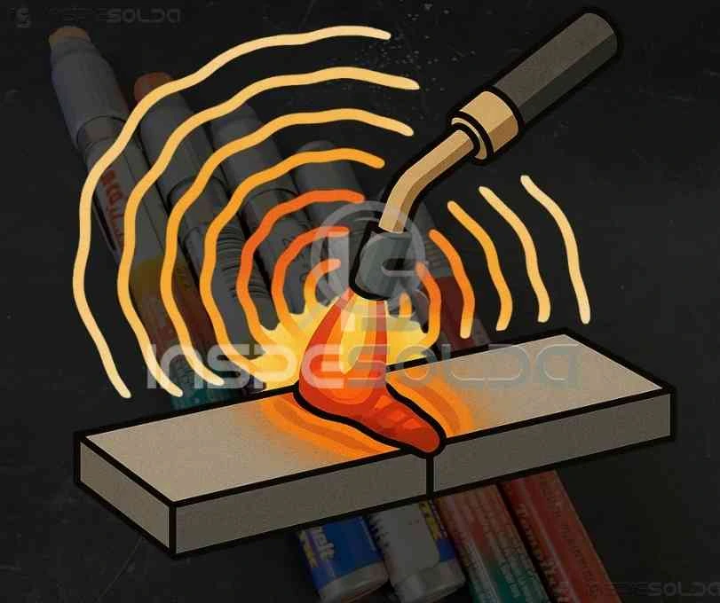 Ilustração representando o processo de pós-aquecimento em soldagem, com linhas térmicas simulando a dissipação de calor em uma junta metálica.