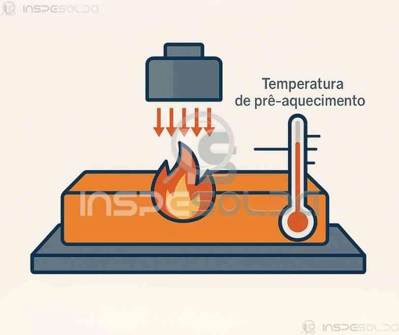 Ilustração de processo de pré-aquecimento na soldagem, com foco na temperatura ideal da peça antes da aplicação da solda.