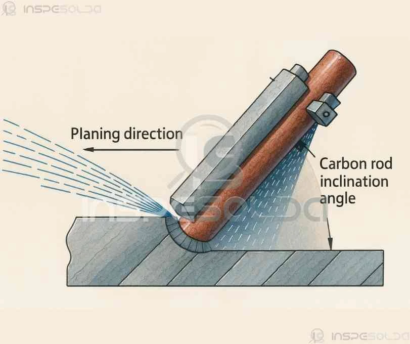 Representação técnica do processo de goivagem a arco com eletrodo de carbono, destacando o eletrodo e o fluxo do ar comprimido.