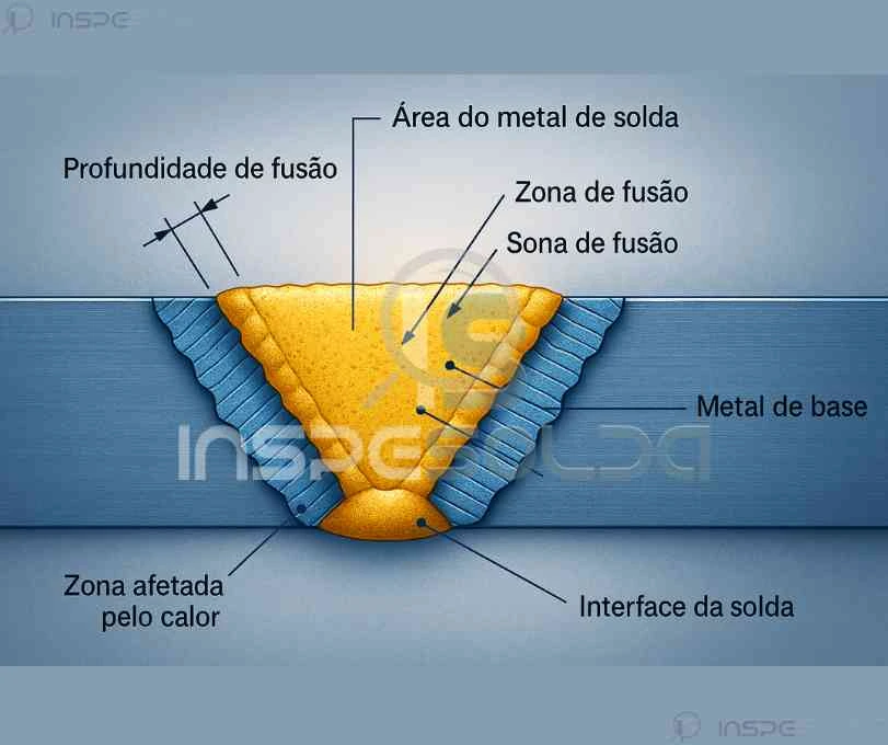 Representação esquemática da interface de solda mostrando a zona de fusão e a zona termicamente afetada.