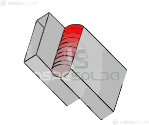 Ilustração técnica de uma junta de soldagem com preparação para o cordão de solda.