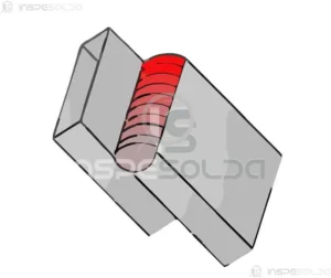 Imagem técnica mostrando uma junta soldada com destaque para a região de união entre duas peças metálicas.