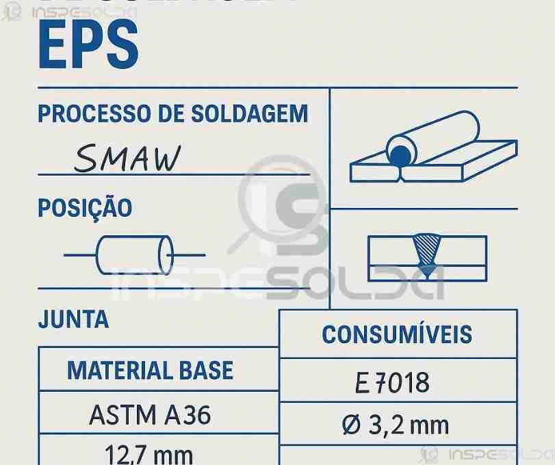 Ilustração técnica com dados de uma Especificação de Procedimento de Soldagem (EPS), incluindo tipo de processo, material base e consumível.