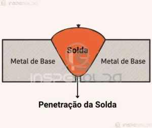 Penetração da Solda (weld penetration) 3 Diagrama ilustrativo mostrando a penetração da solda entre dois metais de base, destacando a fusão correta do metal de adição.