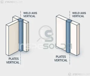 Posição de Soldagem Vertical (vertical welding position) 3 Ilustração comparando soldagem vertical ascendente e descendente, demonstrando direção da solda e posicionamento da poça de fusão.