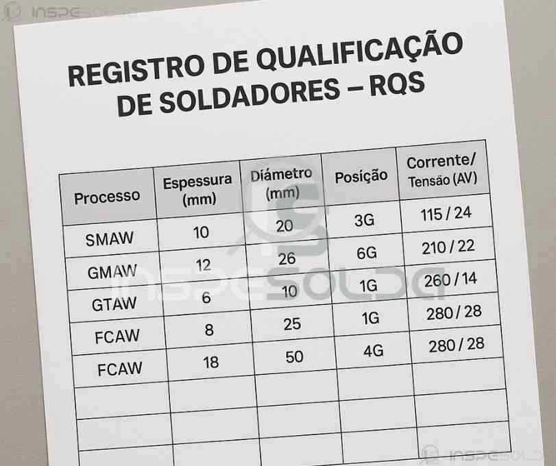 Tabela de registro de qualificação de soldadores com informações técnicas e datas de validade.