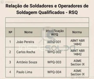 Tabela listando nomes de soldadores e operadores de soldagem com seus respectivos processos qualificados.