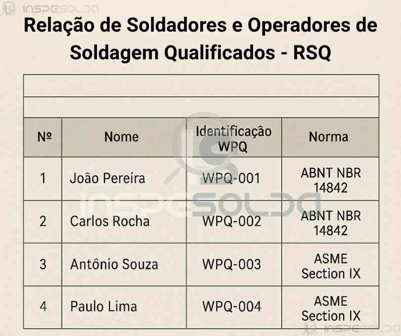 Tabela listando nomes de soldadores e operadores de soldagem com seus respectivos processos qualificados.