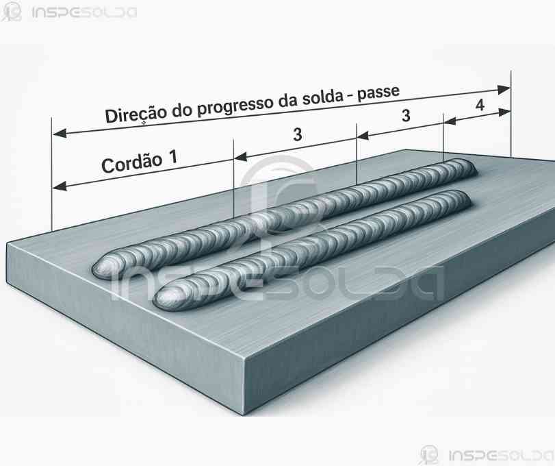 Imagem técnica ilustrando uma junta soldada com indicação da sequência de soldagem no sentido reverso (a ré).
