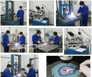 Sequência de imagens mostrando a execução de testes de produção em processos de soldagem.