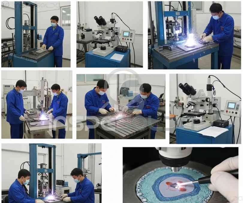 Sequência de imagens mostrando a execução de testes de produção em processos de soldagem.